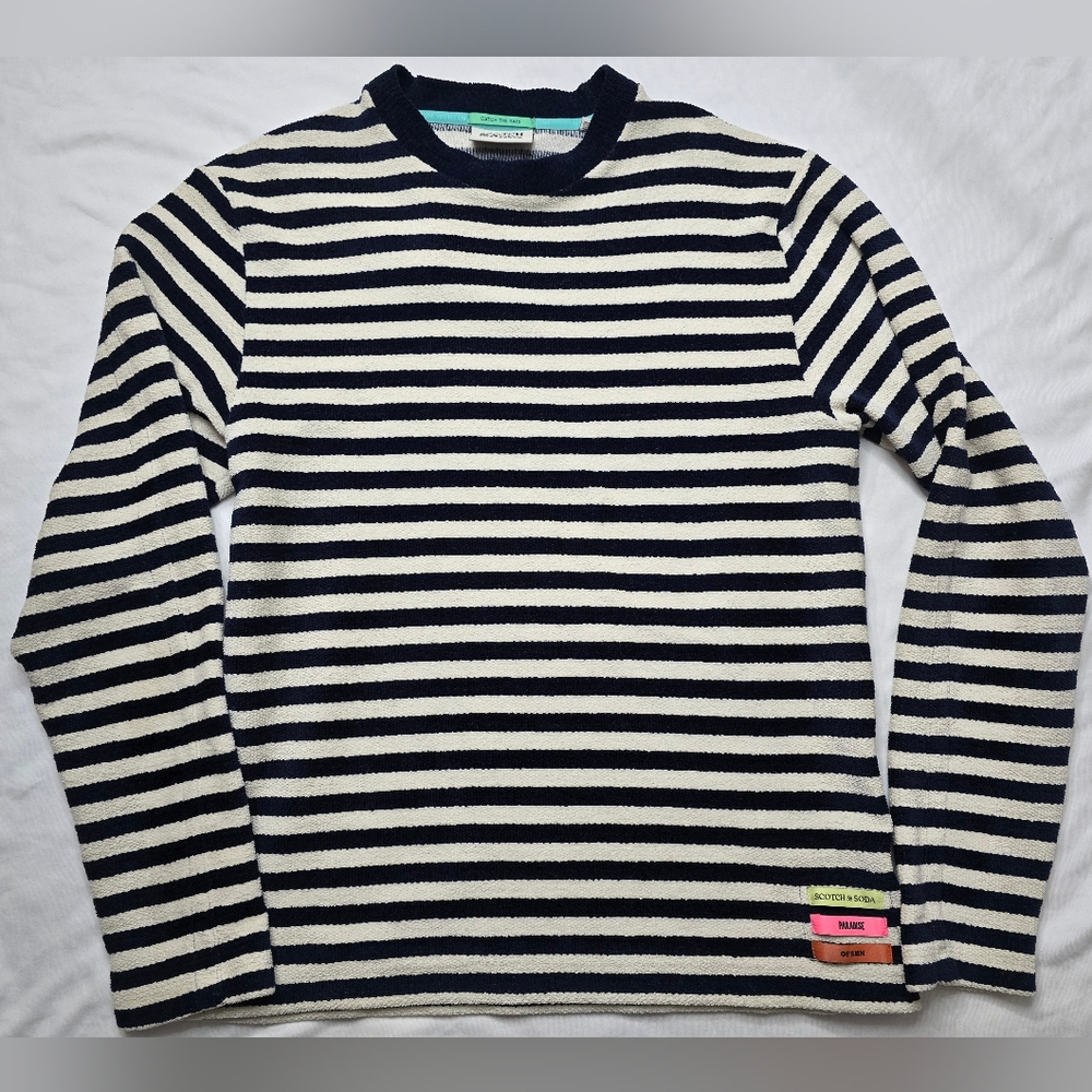 Scotch & Soda Ivory & Dark Blue Striped Terry Crew Neck Sweater Size Medium